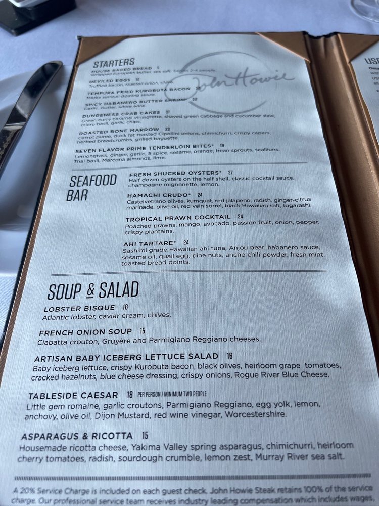 John Howie Steak Restaurant Menu Updated For 2025 