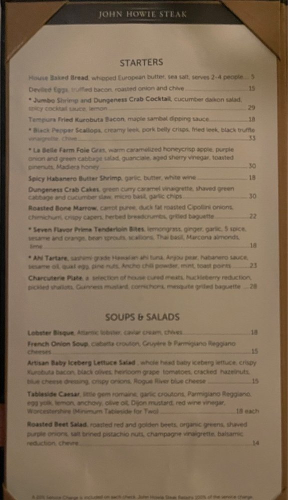 John Howie Steak Restaurant Menu Updated For 2025 